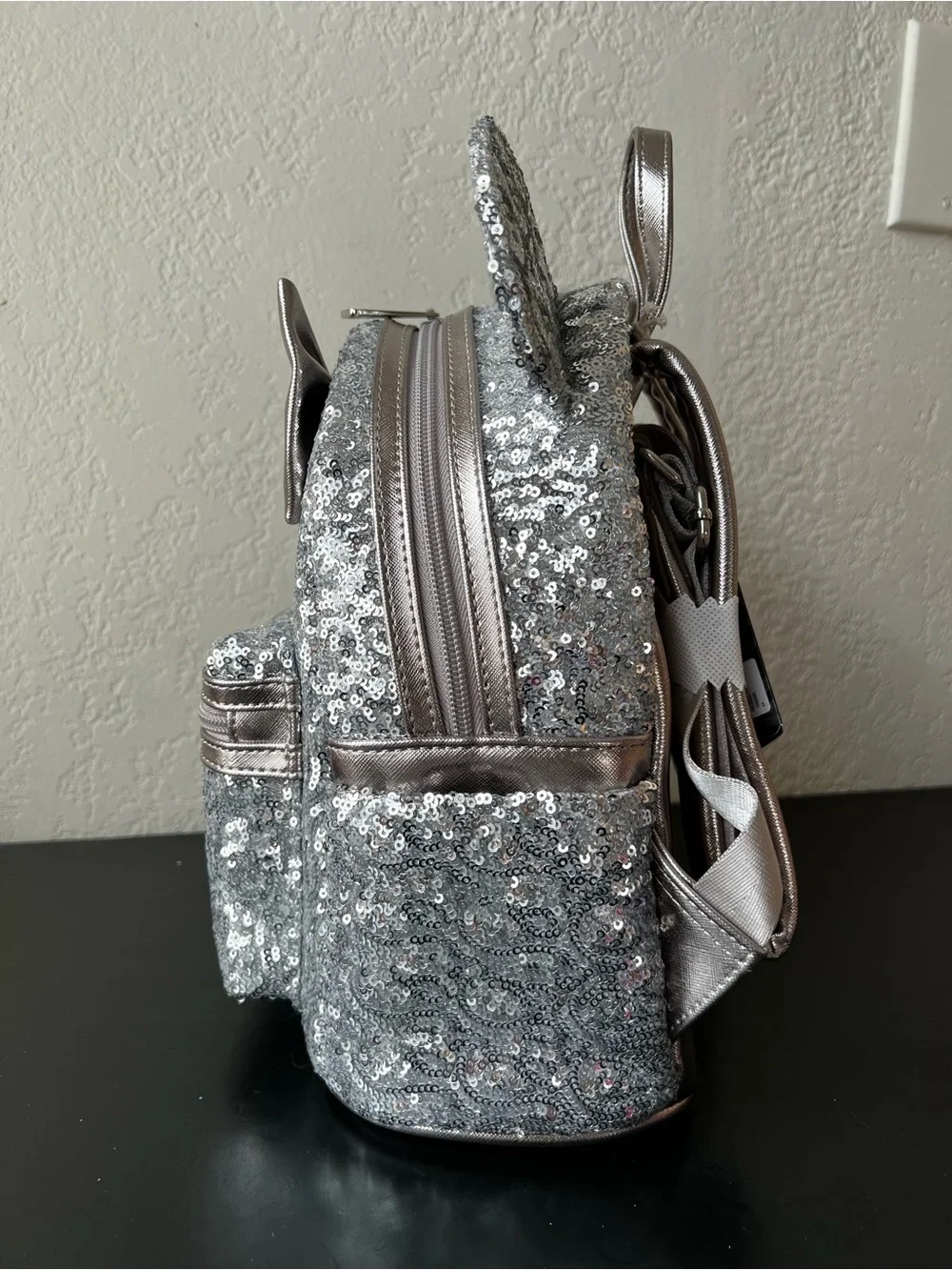 Loungefly Disney Mickey Minnie Mouse Silver Sequin Mini Backpack - NWT